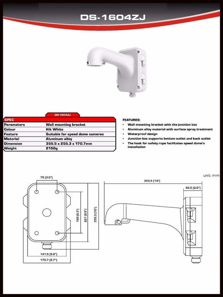 Hikvision DS-1604ZJ-BOX wall mount bracket for PTZ cameras