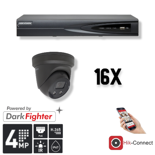 Hikvision Set 16x Turret 4MP + Rekorder & Verkabelung Schwarz