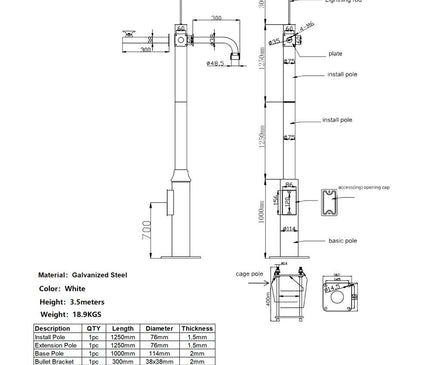AlarmsysteemExpert.nl Camera Pole 4.5 m White, Galvanized Steel, Lightning Rod