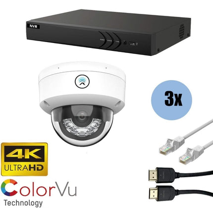 ASE Kit, 3x Dome, 8Mp 4K Ultra HD ColorVu Binnen camera, met NVR en bekabeling