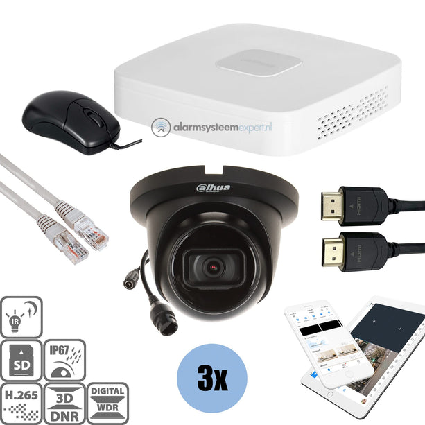 Dahua Dahua Black Kit 3x Turret 8 Mp + Recorder & Bekabeling