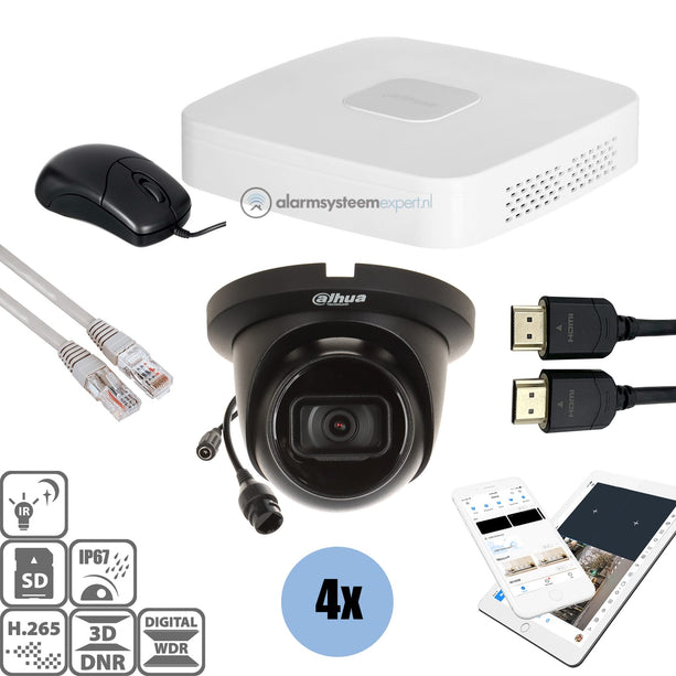 Dahua Dahua Black Kit 4x Turret 8 Mp + Recorder & Bekabeling