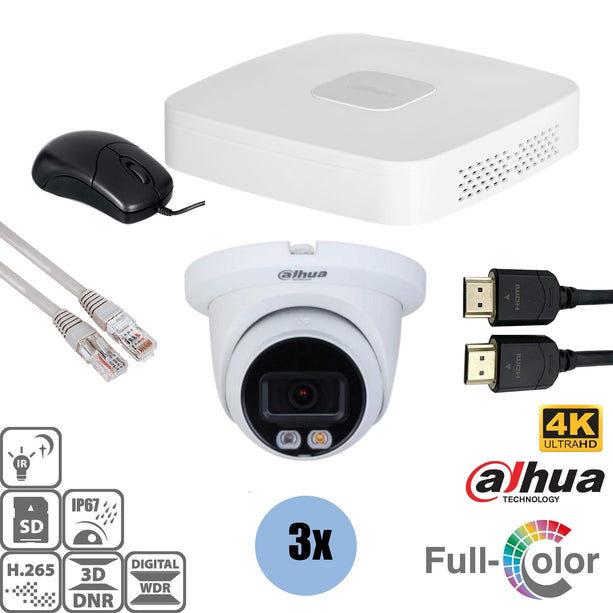 Dahua Dahua Set 3x Turret 8MP 4K Voll-Farbe + Recorder & Verkabelung