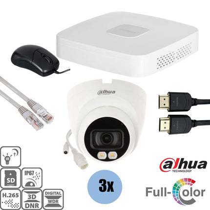 Dahua Dahua Set 3x Turret Voll-Farbe 4MP + Recorder & Verkabelung