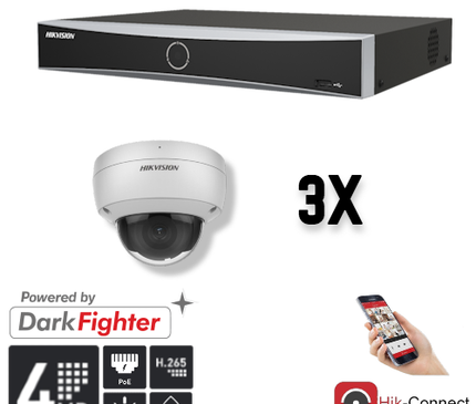 Hikvision Set 3x Dôme 4MP + Enregistreur & Câblage