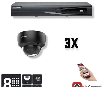 Hikvision Hikvision Set 3x Dome 8MP + Recorder & Bekabeling