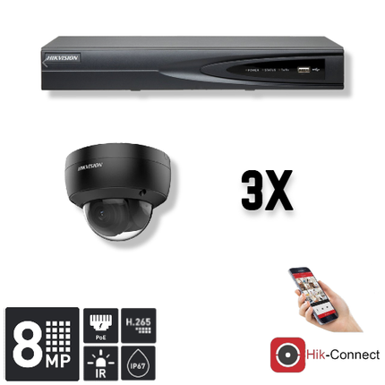 Hikvision Set 3x Dome 8MP + Rekorder & Verkabelung