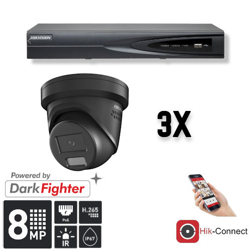 Hikvision Hikvision Set 3x Turret 8MP + Recorder & Bekabeling