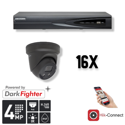 Hikvision Set 16x Turret 4MP + Recorder & Bekabeling Zwart